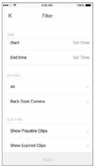 9:00 AM 100% X Filter TIME Start Set Time End time Set Time DEVICES All Back Door Camera CLIP TYPE Show Playable Clips Show Expired Clips Apply