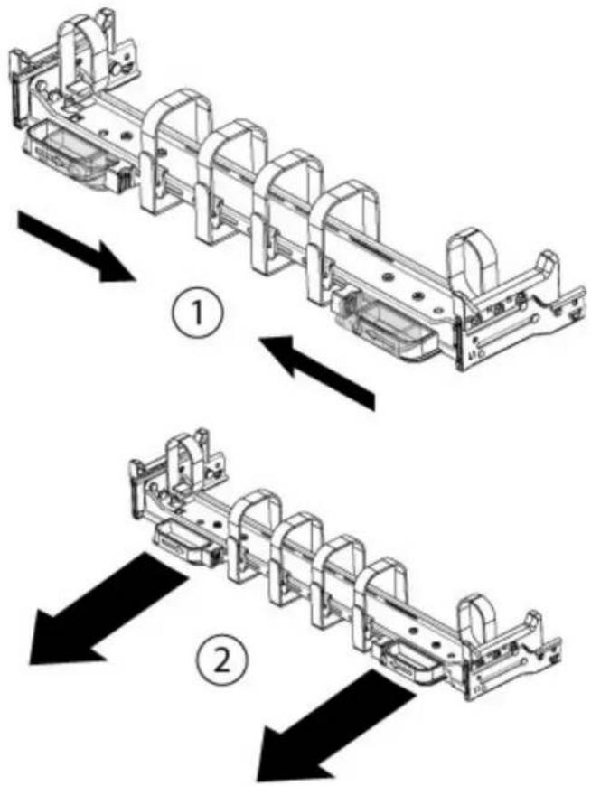 Technical diagram showing two mechanical assembly steps with numbered arrows indicating sequence or transformation.