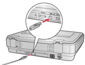 Diagramm eines Computergehäuses mit einem Einsatz, der ein eingeführtes Gerät zeigt (kein Text oder Symbole vorhanden)