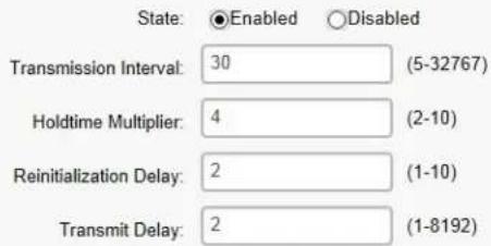 State: ●Enabled ○Disabled Transmission Interval: 30 (5-32767) Holdtime Multiplier: 4 (2-10) Reinitialization Delay: 2 (1-10) Transmit Delay: 2 (1-8192)