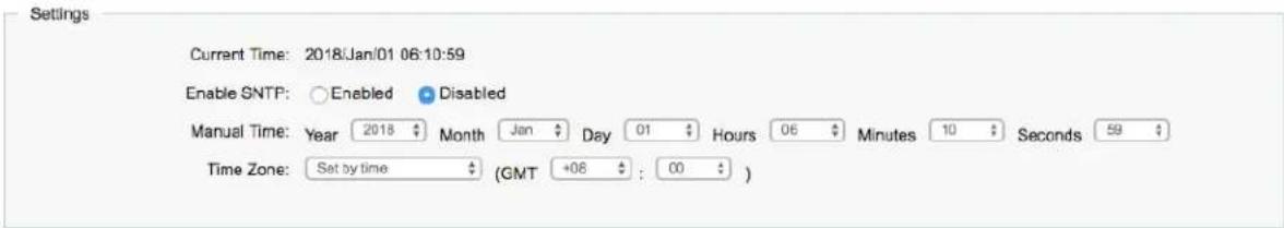 Settings Current Time: 2018/Jan/01 06:10:59 Enable SNTP: Enabled Disabled Manual Time: Year 2018 Month Jan Day 01 Hours 06 Minutes 10 Seconds 59 Time Zone: Set by time (GMT +08 : 00 )