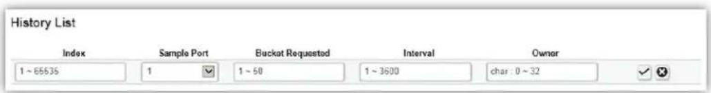 History List Index Sample Port Bucket Requested Interval Owner 1 ~ 65535 1 1 ~ 50 1 ~ 3600 char: 0 ~ 32