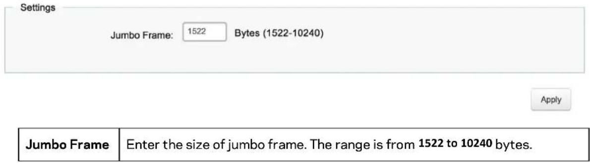 Settings Jumbo Frame: 1522 Bytes (1522-10240) Apply Jumbo Frame Enter the size of jumbo frame. The range is from 1522 to 10240 bytes.