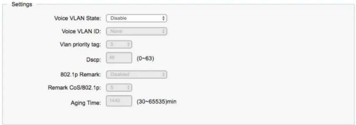 Settings Voice VLAN State: Disable Voice VLAN ID: None Vian priority tag: 5 Dscp: 46 (0~63) 802.1p Remark: Disabled Remark CoS/802.1p: 5 Aging Time: 1440 (30~65535)min