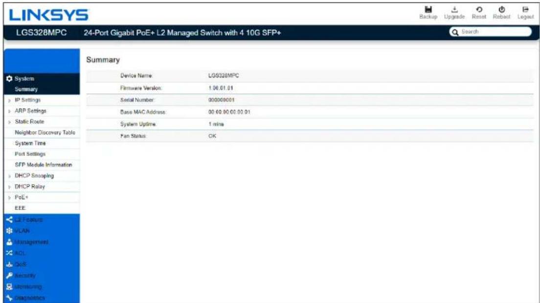 LINKSYS LGS328MPC 24-Port Gigabit PoE+ L2 Managed Switch with 4 10G SFP+ Backup Upgrade Reset Reboot Legout Search Summary Device Name: LG9328MPC Firmware Version: 1.06.01.01 Serial Number: 000000001 Base MAC Address: 00.00.00.00.01 System Uptime: 1 mins Fan Status: OK System Time Port Settings SFP Module Information DHCP Snooping DHCP Relay PoE+ EEE LET Feature VLAN Management ACL CoS Security Monitoring Diagnostics
