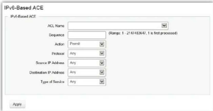 IPv6-Based ACE IPv6-Based ACE ACL Name Sequence (Rango: 1 - 2147483647, 1 is first processed) Action Permit Protocol Any Source IP Address Any Destination IP Address Any Type of Service Any Apply