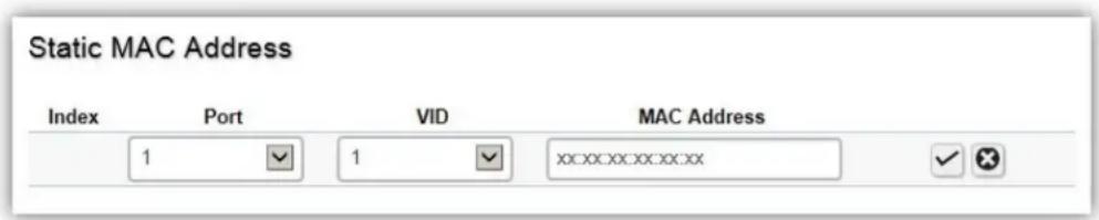 Static MAC Address Index Port VID MAC Address 1 1 xx:xxx:xxx:xx:xx