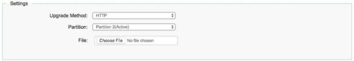 Settings Upgrade Method: HTTP Partition: Partition 2(Active) File: Choose File No file chosen