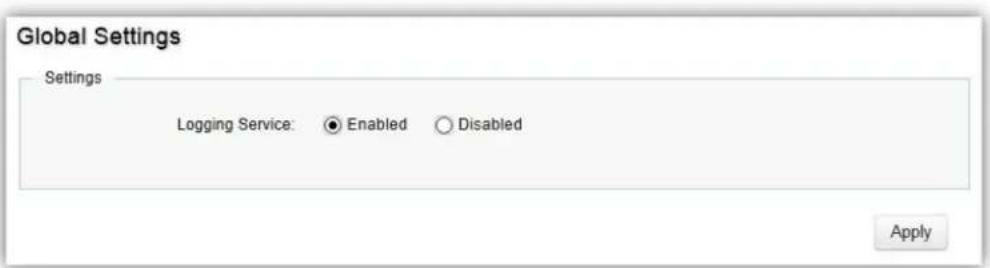 Global Settings Settings Logging Service: ● Enabled ○ Disabled Apply