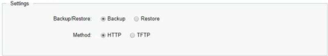Settings Backup/Restore: ● Backup ○ Restore Method: ● HTTP ○ TFTP