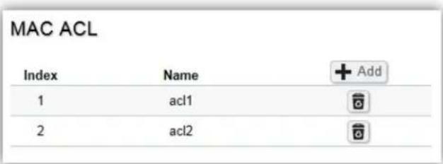 MAC ACL Index Name Add 1 acl1 2 acl2