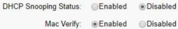 DHCP Snooping Status: ○Enabled ●Disabled Mac Verify: ●Enabled ○Disabled