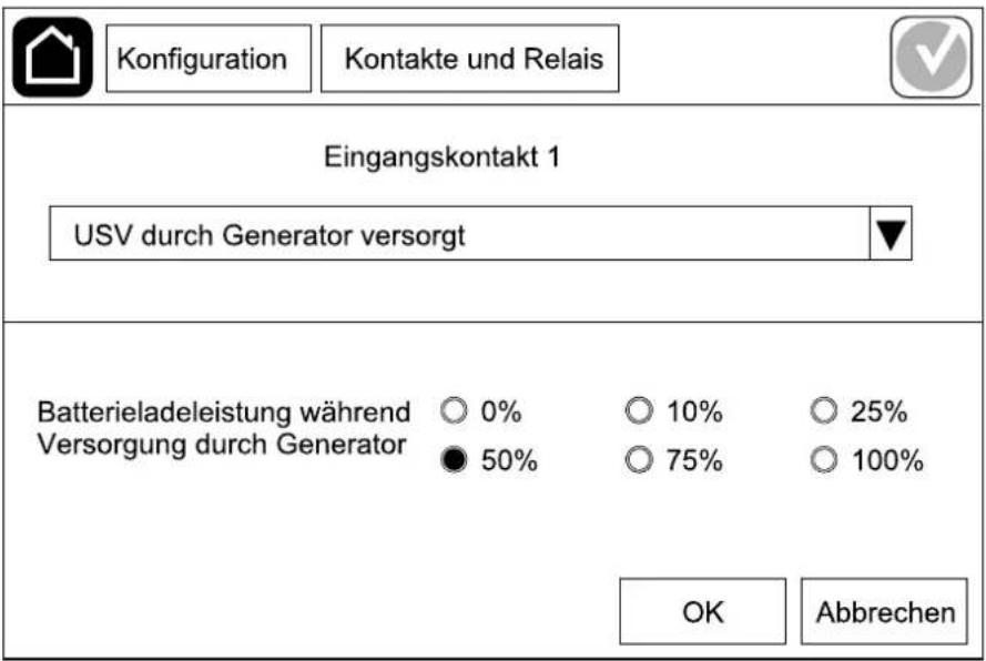 Konfiguration Kontakte und Relais Eingangskontakt 1 USV durch Generator versorgt Batterieladeleistung während ○ 0% ○ 10% ○ 25% Versorgung durch Generator ● 50% ○ 75% ○ 100% OK Abbrechen