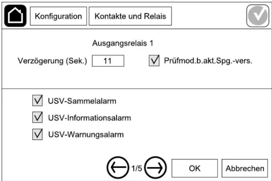 Konfiguration Kontakte und Relais Ausgangsrelais 1 Verzögerung (Sek.) 11 ✓ Prüfmod.b.akt.Spg.-vers. ✓ USV-Sammelalarm ✓ USV-Informationsalarm ✓ USV-Warnungsalarm ← 1/5 → OK Abbrechen
