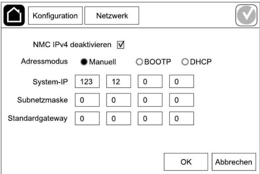 Konfiguration Netzwerk NMC IPv4 deaktivieren ✓ Adressmodus ● Manuell ○ BOOTP ○ DHCP System-IP 123 12 0 0 Subnetzmaske 0 0 0 0 Standardgateway 0 0 0 0 OK Abbrechen