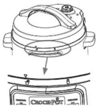 Technical diagram showing a cross-section of a Crock-POT container with labeled parts and a downward arrow indicating assembly or inspection.