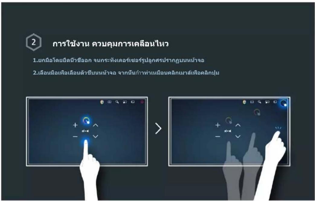 2 การใช้งาน ควบคุมการเคลื่อนไหว 1.ยกมือโดยยิดน้ําชื่ออก จนกระทงเลอร์เซอร์รูปลูกสรปรากฏบนหน้าจอ 2.เลือนมือเพื่อเลือนตัวขับนหน้าจอ จากนัน-than-หาเหมือนตลิกมาส์เพื่อตลิกปุม