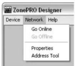 ZonePRO Designer Device Network Help Go Online Go Offline Properties Address Tool