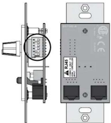 Technical diagram showing front and side views of an electronic device with labeled ports and a highlighted component.