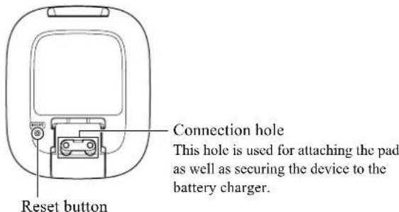 Connection hole This hole is used for attaching the pad as well as securing the device to the battery charger. Reset button