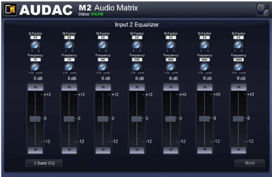 AUDAC M2 Audio Matrix Status: ONLINE Input 2 Equalizer Q-Factor 0.9 Frequency 55 0 Hz 0 dB Q-Factor 0.9 Frequency 150 0 Hz 0 dB Q-Factor 0.9 Frequency 486 0 Hz 0 dB Q-Factor 0.9 Frequency 1050 0 Hz 0 dB Q-Factor 0.9 Frequency 2600 0 Hz 0 dB Q-Factor 0.9 Frequency 6500 0 Hz 0 dB Q-Factor 0.9 Frequency 16000 0 Hz 0 dB 3 Band EQ Back