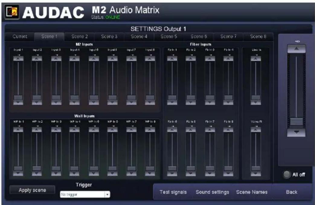AUDAC M2 Audio Matrix Status ONLINE SETTINGS Output 1 Current Scene 1 Scene 2 Scene 3 Scene 4 Scene 5 Scene 6 Scene 7 Scene 8 M2 Inputs Input 1 Input 2 Input 3 Input 4 Input 5 Input 6 Input 7 Input 8 Fiber Inputs Fb In 1 Fb In 2 Fb In 3 Fb In 4 Line In Wall Inputs WP In 1 WP In 2 WP In 3 WP In 4 WP In 5 WP In 6 WP In 7 WP In 8 Fb In 0 Fb In 1 Fb In 2 Fb In 3 Fb In 4 Fb In 5 Fb In 6 Fb In 7 Fb In 8 Voice Fl Trigger Apply scene No trigger Test signals Sound settings Scene Names Back All off