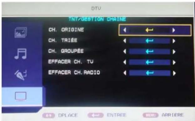 DTV TNT/GESTION CHAINE CH. ORIGINE CH. TRIÉE CH. GROUPEE EFFACER CH. TU EFFACER CH. RADIO