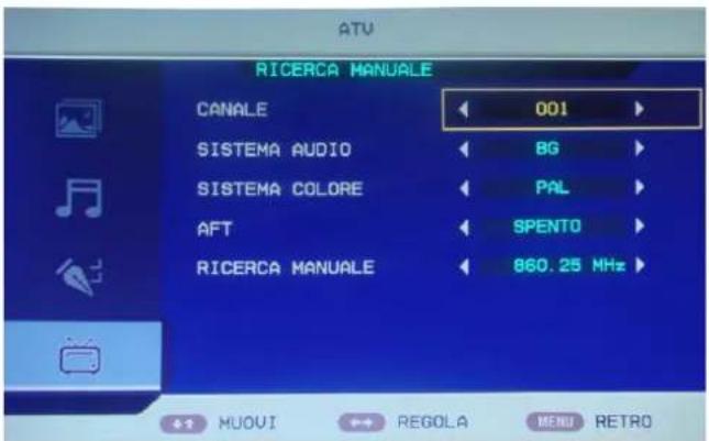 ATV RICERCA MANUALE CANALE 001 SISTEMA AUDIO BG SISTEMA COLORE PAL AFT SPENTO RICERCA MANUALE 860.25 MHz MUOVI REGOLA MENU RETRO