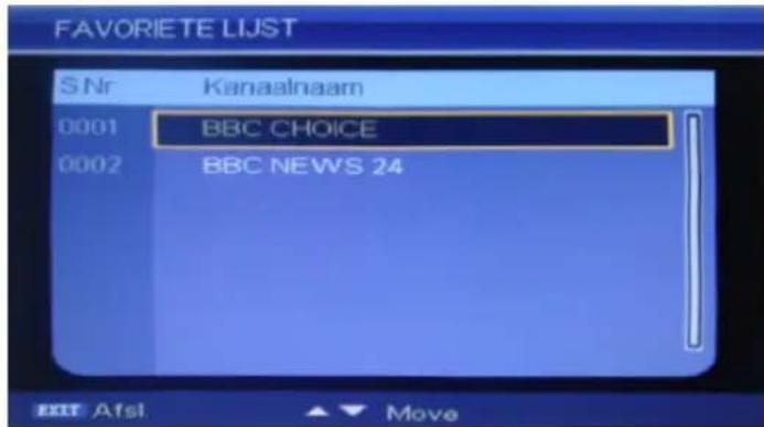 FAVORIETE LIJST S Nr Kanaalnaam 0001 BBC CHOICE 0002 BBC NEWS 24 EXIT Afsl ▲▼ Move