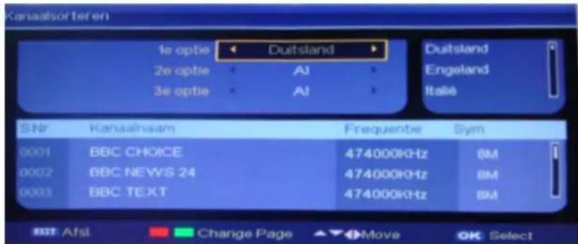 Kanaalsorteren 1e optie Duetsland Duitsland 2e optie AJ Engeland 3e optie AJ Italie S Nr Kanaalhsam Frequente Sym 0001 BBC CHOICE 474000KHz 8M 0002 BBC NEWS 24 474000KHz 8M 0003 BBC TEXT 474000KHz 8M BUT AfsI Change Page Move OK Select