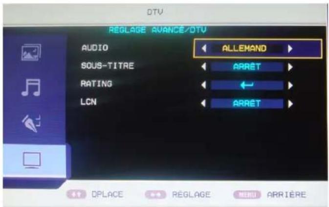 DTV REGLAGE AVANCE/DTV AUDIO Sous-Titre RATING LCN ALLEMAND ARRET ARRET DPLACE RéGLAGE MENU ARRIÈRE