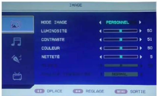 IMAGE MODE IMAGE LUMINOSITÉ CONTRASTE COULEUR NETTETÉ TELEME PARSULTURE PERSONNEL 50 51 50 5 30 NORMAL DPLACE REGLAGE MENU SORTIE