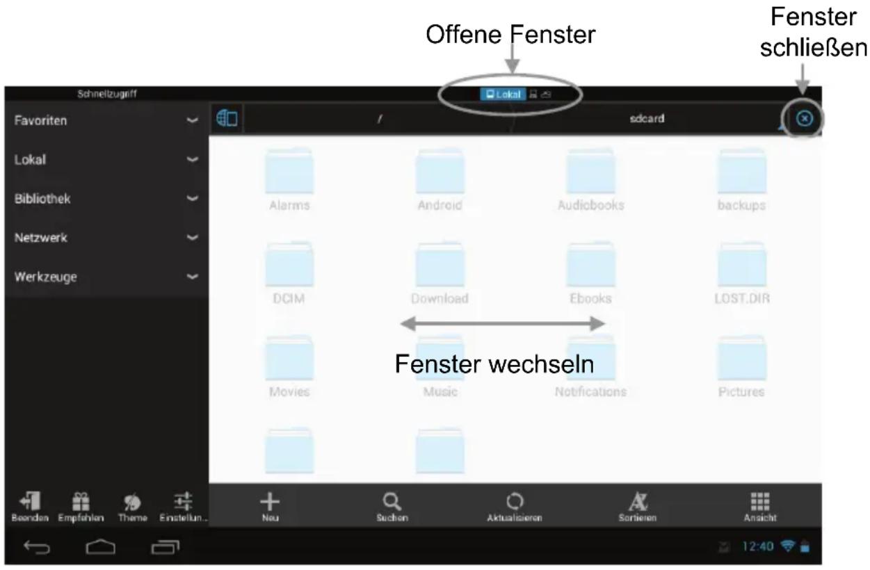 Offene Fenster Fenster schließen Schneizugniff Lokai sdcard Favoriten Lokal Bibliothek Netzwerk Werkzeuge Alarms Android Audiobooks backups DCIM Download Ebooks LOST.DIR Movies Music Notifications Pictures Fenster wechseln Boenden Empfehlen Theme Einstellun... Neu Suchen Aktualisieren Sortieren Ansi…