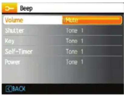 Beep Volume Mute Shutter Tone 1 Key Tone 1 Self-Timer Tone 1 Power Tone 1 BACK