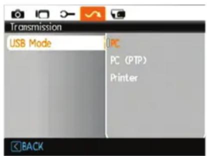 Transmission USB Mode PC PC (PTP) Printer BACK