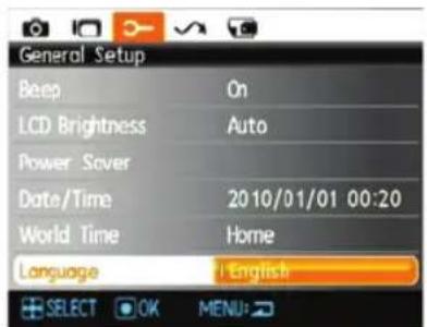 General Setup Beep On LCD Brightness Auto Power Sover Date/Time 2010/01/01 00:20 World Time Home Language | English SELECT OK MENU:
