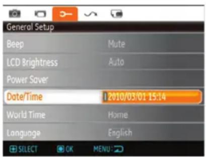 General Setup Beep Mute LCD Brightness Auto Power Saver Date/Time 1 2010/03/01 15:14 World Time Home Language English SELECT OK MENU: