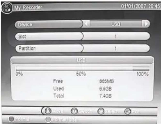 My Recorder 01/01/2007 20:45 Device USB Slot 1 Partition 1 USB 0% 50% 100% Free 865MB Used 6.6GB Total 7.4GB Move Switch Selectt Ext Format Format Disk