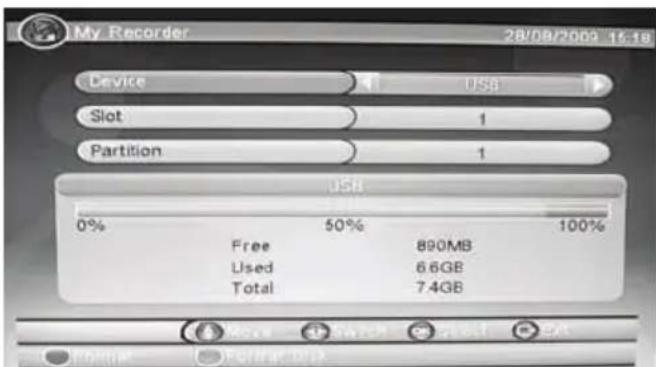 My Recorder 28/08/2009 15:18 Device USB Slot 1 Partition 1 USB 0% 50% 100% Free 890MB Used 6.6GB Total 7.4GB
