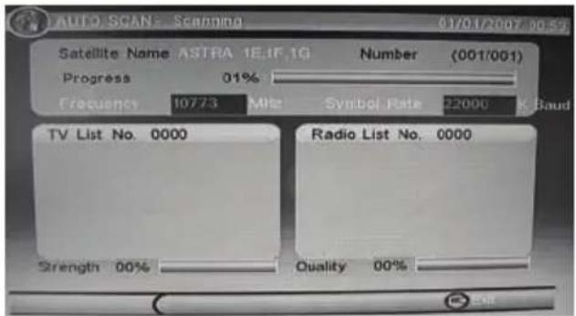AUTO SCAN - Scanning 01/01/2007 90:52 Satellite Name ASTRA 1EIF 1G Number (001/001) Progress 01% Frequency 10773 MHz Symbol Rate 22000 K Band TV List No. 0000 Radio List No. 0000 Strength 00% Quality 00%
