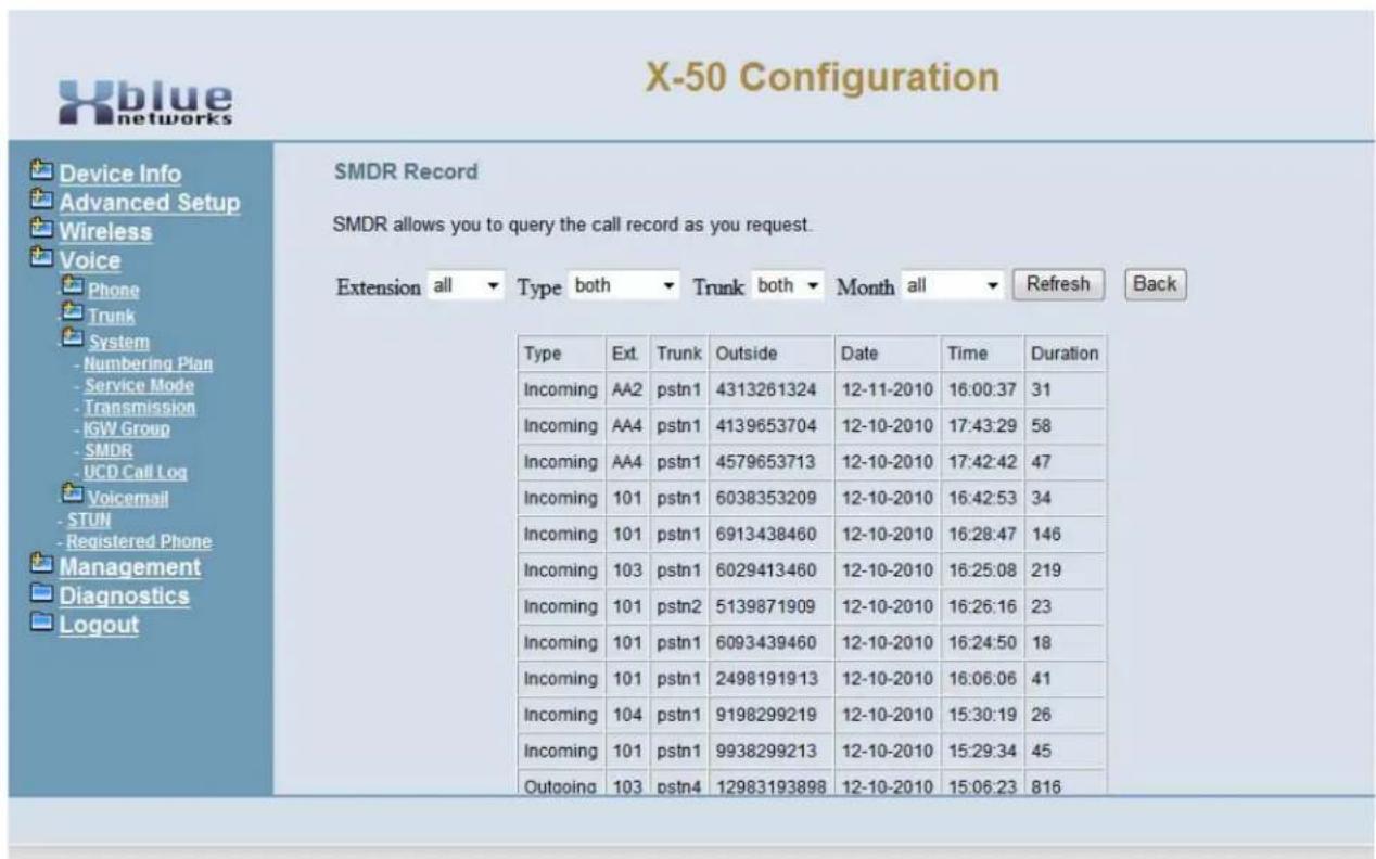XBlue Networks X-50 - SMDR View - 1