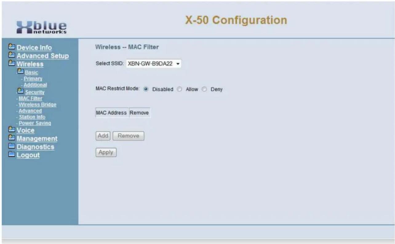 XBlue Networks X-50 - MAC Filtering - 1