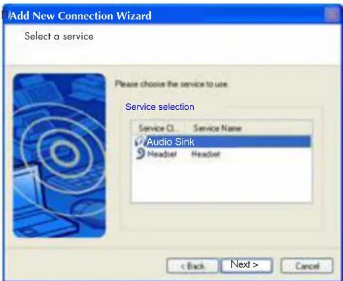 Add New Connection Wizard Select a service Please choose the service to use. Service selection Service Cl Service Name Audio Sink Headset Headset < Back Next > Cancel