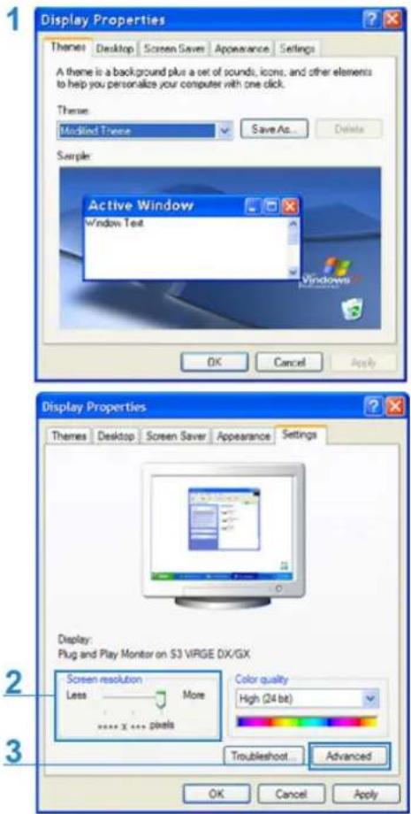Display Properties Themes Desktop Screen Saver Appearance Settings A theme is a background plus a set of sounds, icons, and other elements to help you personalize your computer with one click. Theme: Modified Theme Save As Delete Sample: Active Window Window Text OK Cancel Apply Display Properties Themes Desktop Screen Saver Appearance Settings Display: Plug and Play Monitor on S3 VIRGE DX/GX Screen resolution More Less ... More ... x ... pixels Color quality High (24 bit) Troubleshoot Advanced OK Cancel Apply