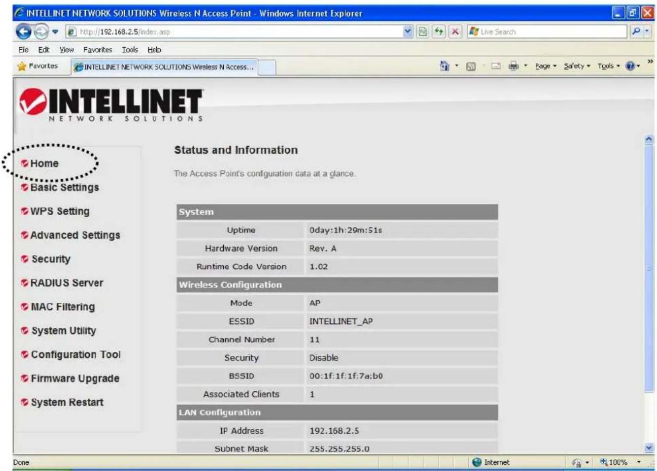 INTELLINET NETWORK SOLUTIONS Wireless N Access Point - Windows Internet Explorer http://192.168.2.5/index.asp File Edit View Favorites Tools Help Favors INTELLINET NETWORK SOLUTIONS Wireless N Access... INTELLINET NETWORK SOLUTIONS Status and Information The Access Point's configuration data at a gl…