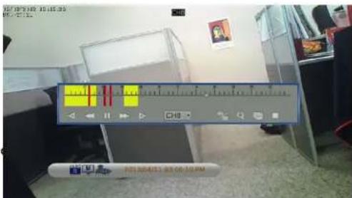 Screenshot of a video editing interface with playback controls and timeline, showing yellow and red play buttons on a desk.