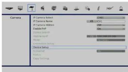 Camera IP Camera Select CH01 IP Camera Name KB-CH- IP Camera Hidden Off Enable FnP On Device Search Holding Model DINJ 2000/2000 Generation Setup Device Setup Activated On Main Copy Settings