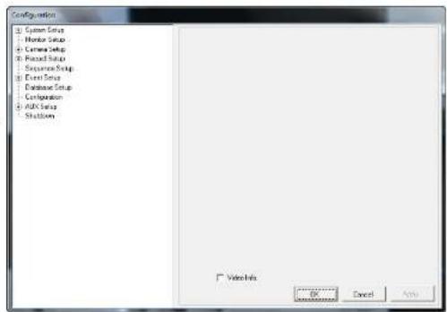 Configuration □ System Setup ■ Monitor Setup □ Camera Setup □ Process Setup ■ Sequence Setup □ Event Setup □ Database Setup □ Configuration □ ABC Setup □ Status □ Video Info. OK Cancel Help