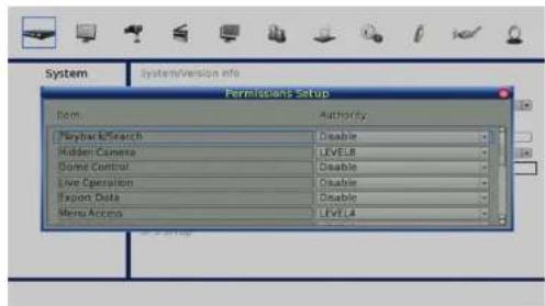 System/Version info Permissions Setup Item Authority Playbar Search Hidden Camera Delete Control Live Operation Export Data Menu Access Enable LEVEL8 Disable Disable Disable LEVEL4