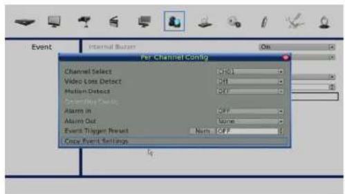 Event Internal Buffer Off Channel Select Video Loss Detect Motion Detect Event Trigger Reset Alarm in Alarm Out Event Trigger Reset Num OFF Crew Event Settings